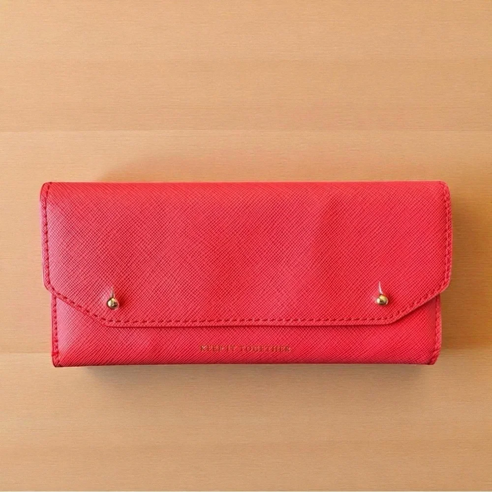 ANTHROPOLOGIE Coral Red Saffiano Travel Wallet | “Keep It Together” | Card Slots